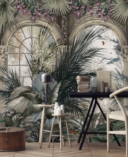 Arched windows and colonnade jungle wallpaper