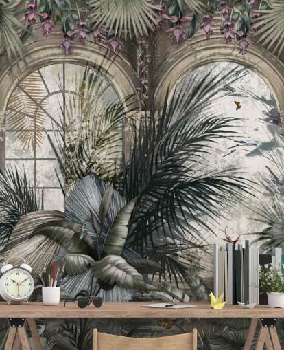 Ventanas arqueadas y columnatas, papel pintado de jungla