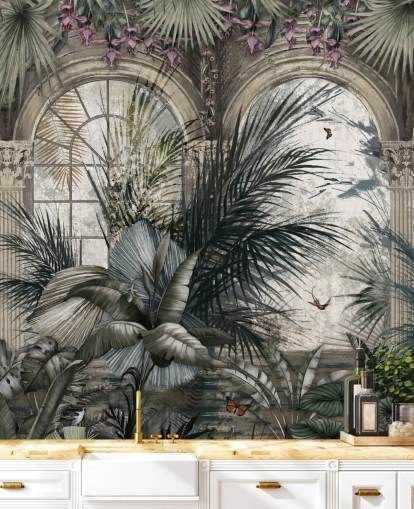 Carta da parati con finestre ad arco e colonnato della giungla