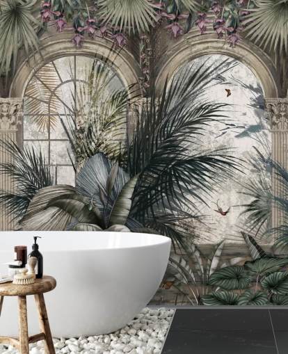 Arched windows and colonnade jungle wallpaper