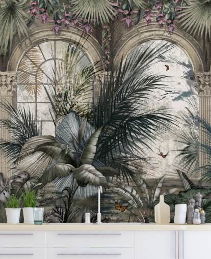 Fenêtres cintrées et papier peint de la jungle à colonnades Fenêtres cintrées et papier peint de la jungle à colonnades
