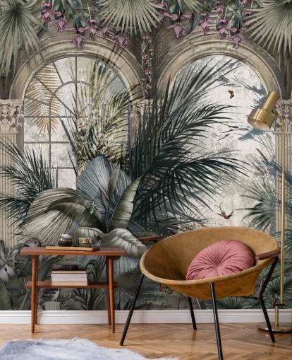 Arched windows and colonnade jungle wallpaper