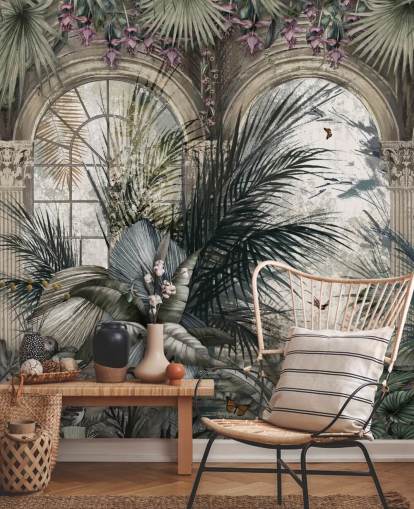 Fenêtres cintrées et papier peint de la jungle à colonnades Fenêtres cintrées et papier peint de la jungle à colonnades