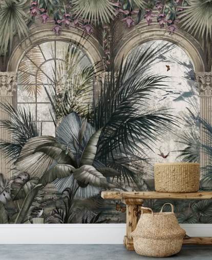 Boogramen en junglebehang met zuilengalerijen