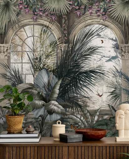 Ventanas arqueadas y columnatas, papel pintado de jungla