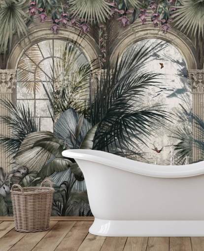 Arched windows and colonnade jungle wallpaper