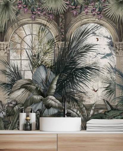 Arched windows and colonnade jungle wallpaper