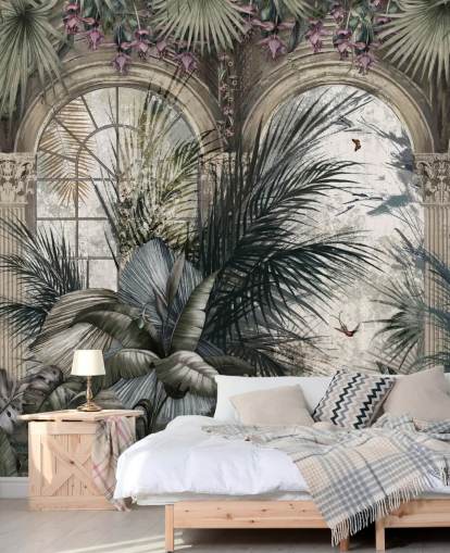 Arched windows and colonnade jungle wallpaper