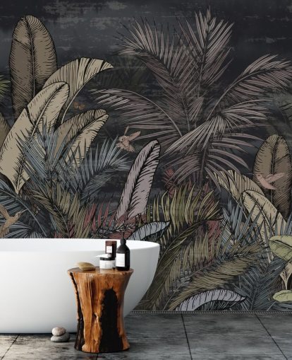 mural de parede de sempre-vivas tropicais à noite