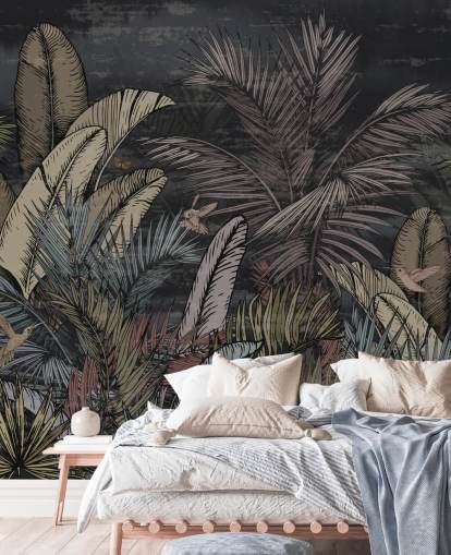 mural de parede de sempre-vivas tropicais à noite mural de parede de sempre-vivas tropicais à noite