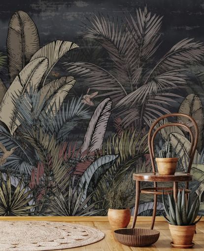 tropical evergreens at night wall mural