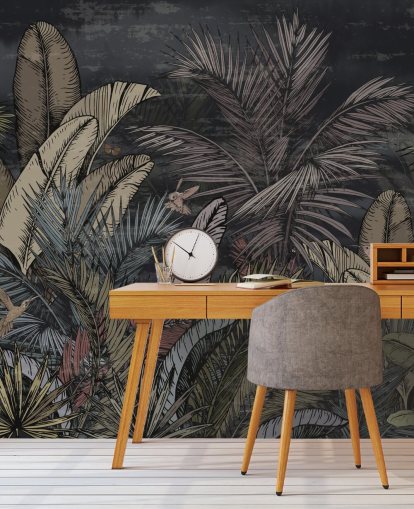 mural de parede de sempre-vivas tropicais à noite