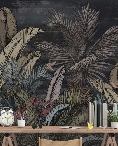 mural de pared de árboles de hoja perenne tropicales en la noche