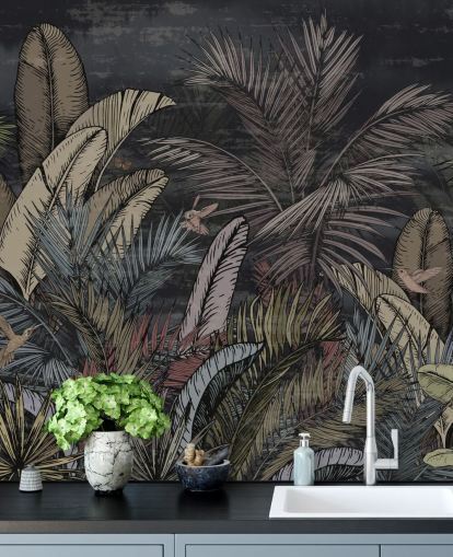 mural de parede de sempre-vivas tropicais à noite mural de parede de sempre-vivas tropicais à noite