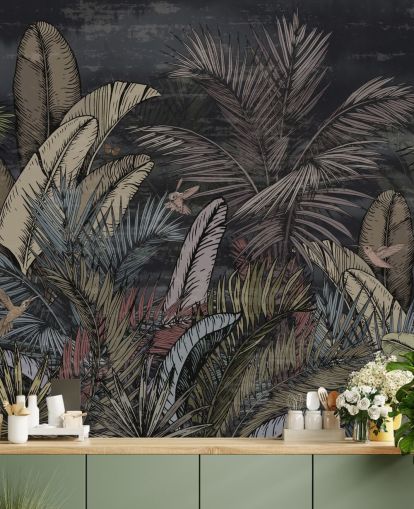 mural de pared de árboles de hoja perenne tropicales en la noche