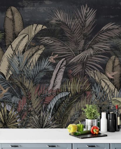 mural de parede de sempre-vivas tropicais à noite mural de parede de sempre-vivas tropicais à noite