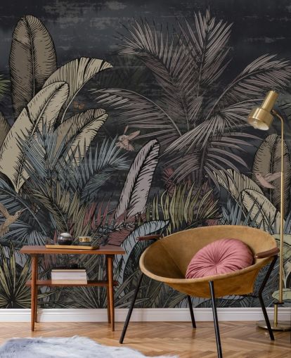 mural de parede de sempre-vivas tropicais à noite