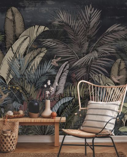 tropical evergreens at night wall mural