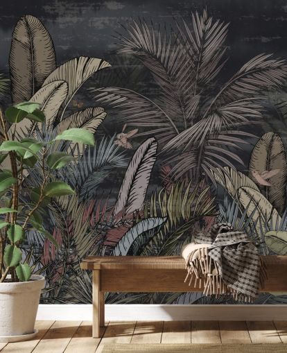 mural de pared de árboles de hoja perenne tropicales en la noche