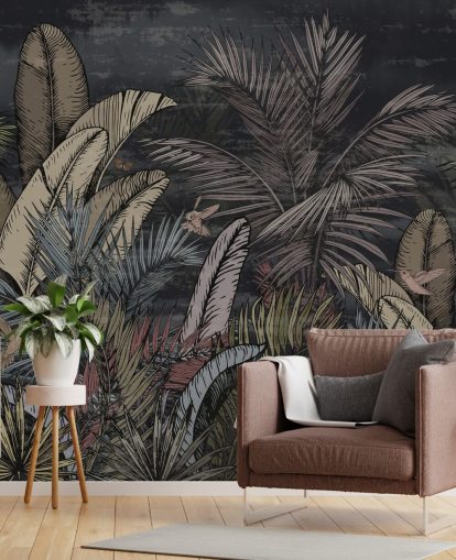 mural de parede de sempre-vivas tropicais à noite