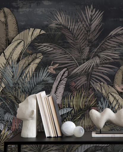 mural de pared de árboles de hoja perenne tropicales en la noche