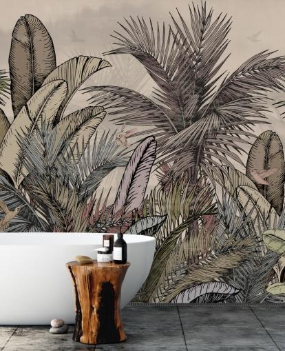 Diseño de papel pintado con hojas de palma selvática en verdes y marrones