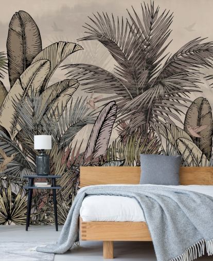 Jungle palm leaves in greens and browns wallpaper design Jungle palm leaves in greens and browns wallpaper design