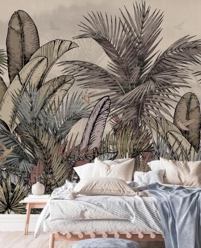 Jungle palm leaves in greens and browns wallpaper design Jungle palm leaves in greens and browns wallpaper design