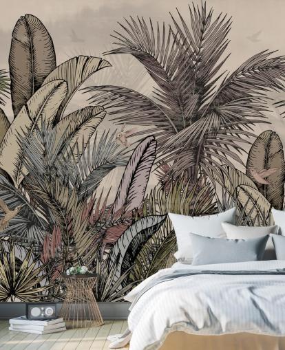 Design de papier peint avec des feuilles de palmier de la jungle dans des tons verts et bruns