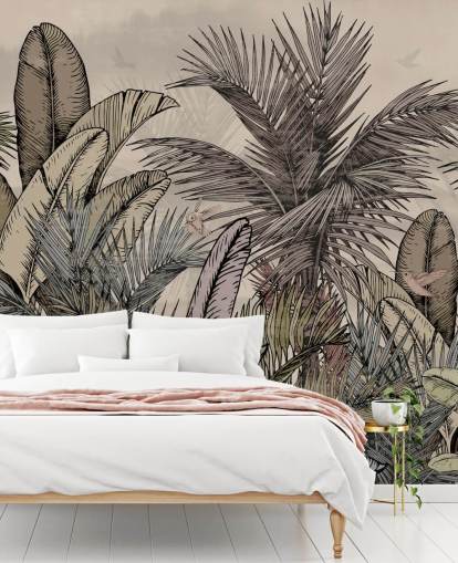 Design de papier peint avec des feuilles de palmier de la jungle dans des tons verts et bruns