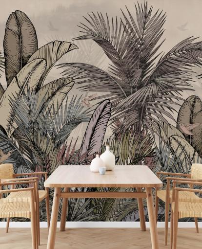 Design de papier peint avec des feuilles de palmier de la jungle dans des tons verts et bruns Design de papier peint avec des feuilles de palmier de la jungle dans des tons verts et bruns