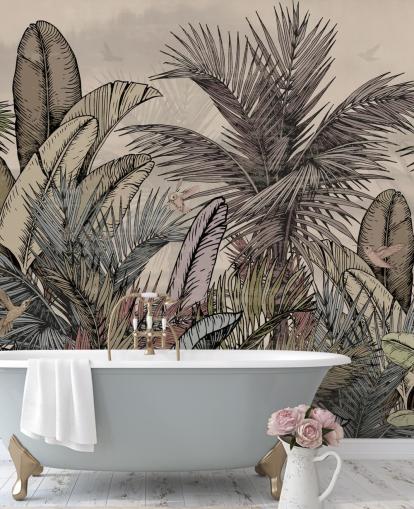 Design de papier peint avec des feuilles de palmier de la jungle dans des tons verts et bruns