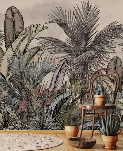 Design de papier peint avec des feuilles de palmier de la jungle dans des tons verts et bruns Design de papier peint avec des feuilles de palmier de la jungle dans des tons verts et bruns