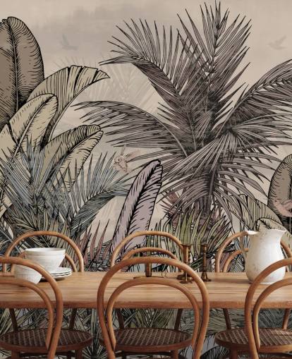 Design de papier peint avec des feuilles de palmier de la jungle dans des tons verts et bruns