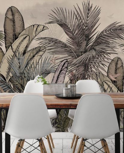 Jungle palm leaves in greens and browns wallpaper design