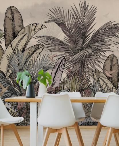 Jungle palm leaves in greens and browns wallpaper design