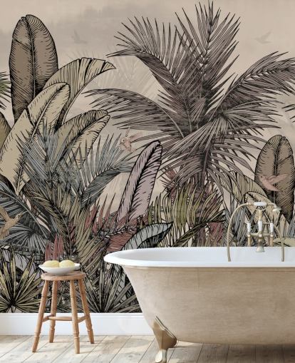 Jungle palm leaves in greens and browns wallpaper design