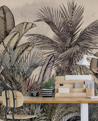 Design de papier peint avec des feuilles de palmier de la jungle dans des tons verts et bruns Design de papier peint avec des feuilles de palmier de la jungle dans des tons verts et bruns