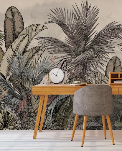 Jungle palm leaves in greens and browns wallpaper design