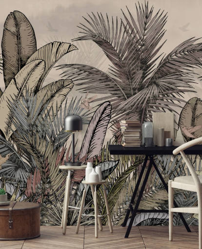 Jungle palm leaves in greens and browns wallpaper design