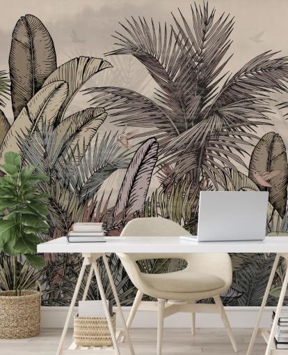 Design de papier peint avec des feuilles de palmier de la jungle dans des tons verts et bruns Design de papier peint avec des feuilles de palmier de la jungle dans des tons verts et bruns