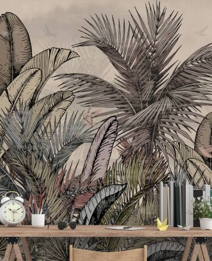 Jungle palm leaves in greens and browns wallpaper design