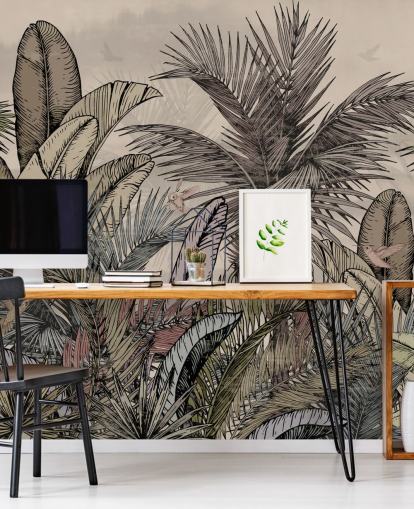 Jungle palm leaves in greens and browns wallpaper design