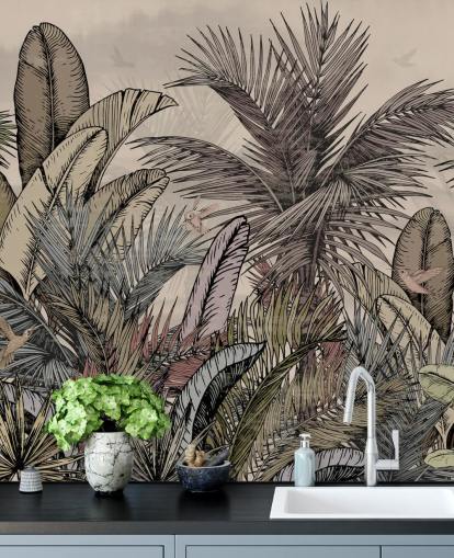 Folhas de palmeira da selva em design de papel de parede verde e marrom