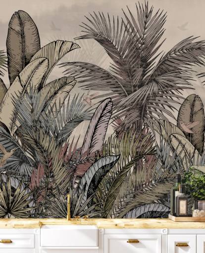 Jungle palm leaves in greens and browns wallpaper design