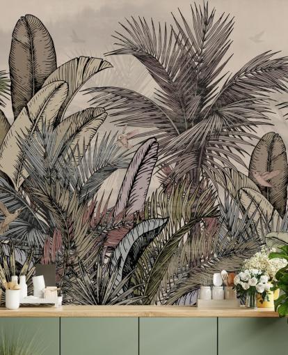 Folhas de palmeira da selva em design de papel de parede verde e marrom Folhas de palmeira da selva em design de papel de parede verde e marrom