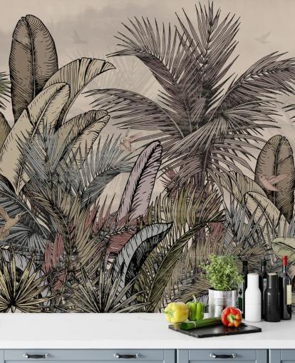 Jungle palmeblade i grønt og brunt tapetdesign