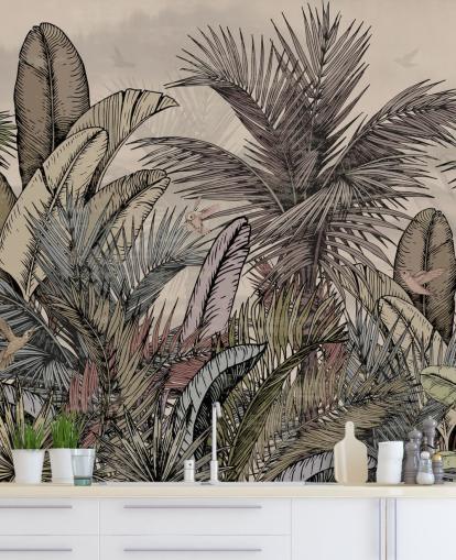 Design de papier peint avec des feuilles de palmier de la jungle dans des tons verts et bruns