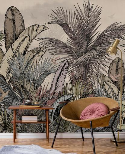 Folhas de palmeira da selva em design de papel de parede verde e marrom