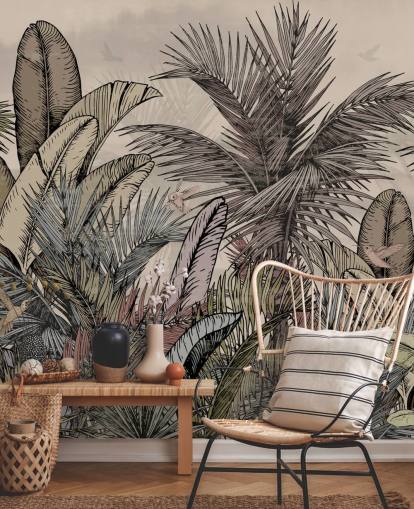 Design de papier peint avec des feuilles de palmier de la jungle dans des tons verts et bruns